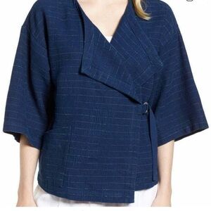 Eileen Fisher Striped Cotton & Linen Kimono Belted Front Jacket in Indigo SZ XS